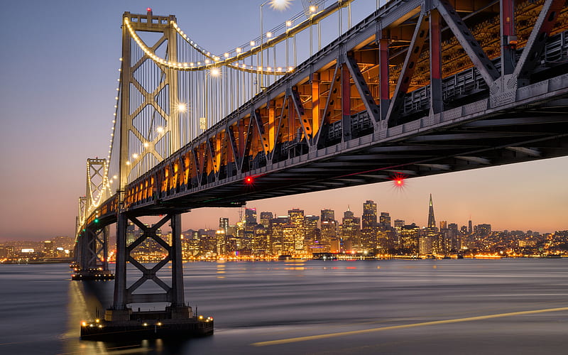 Bay Bridge, San Francisco, evening, skyline, cityscape, skyscrapers, California, USA, HD wallpaper