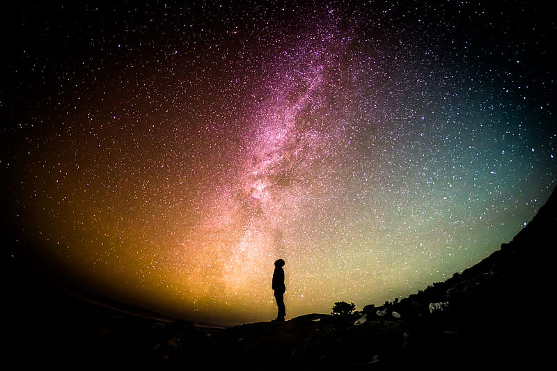 Man Looking At Galaxy Sky , man, galaxy, graphy, stars, night, dark, HD wallpaper