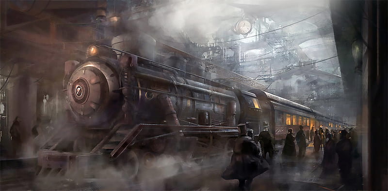 Sci Fi, Train, Train Station, Steampunk, HD wallpaper