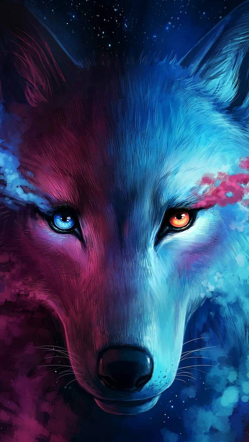 Eye of the wolf, wolf, galaxy, dog, purple, blue, orange, animal, pink,  white, HD phone wallpaper | Peakpx