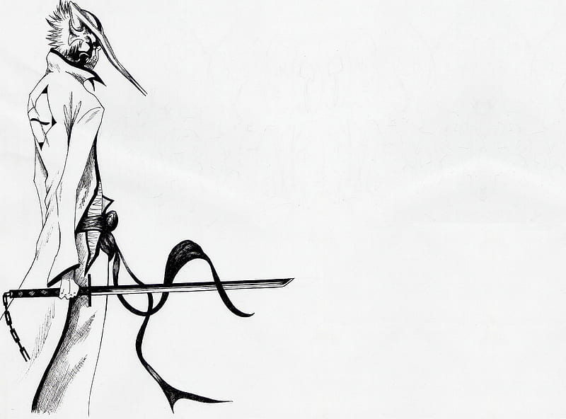 Ichigo Kurosaki, bleach, ichigo, white background, horns, trench coat, kurosaki ichigo, spiky hair, anime, full hollow ichigo, hollow ichigo, weapon, mask, sword, HD wallpaper