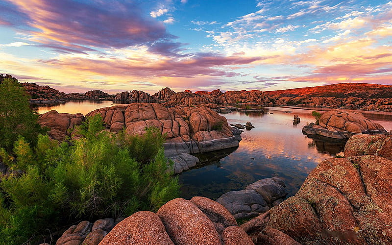 Watsons beauty, Prescott Arizona, lake, rocks, colors, sunset, trees, sky, clouds, HD wallpaper