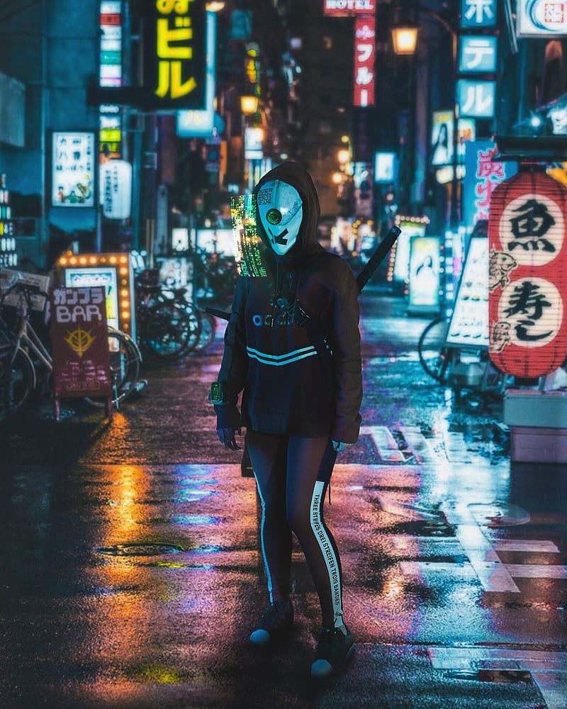 cyborg, hologram, cyberpunk, street, sci-fi, HD phone wallpaper