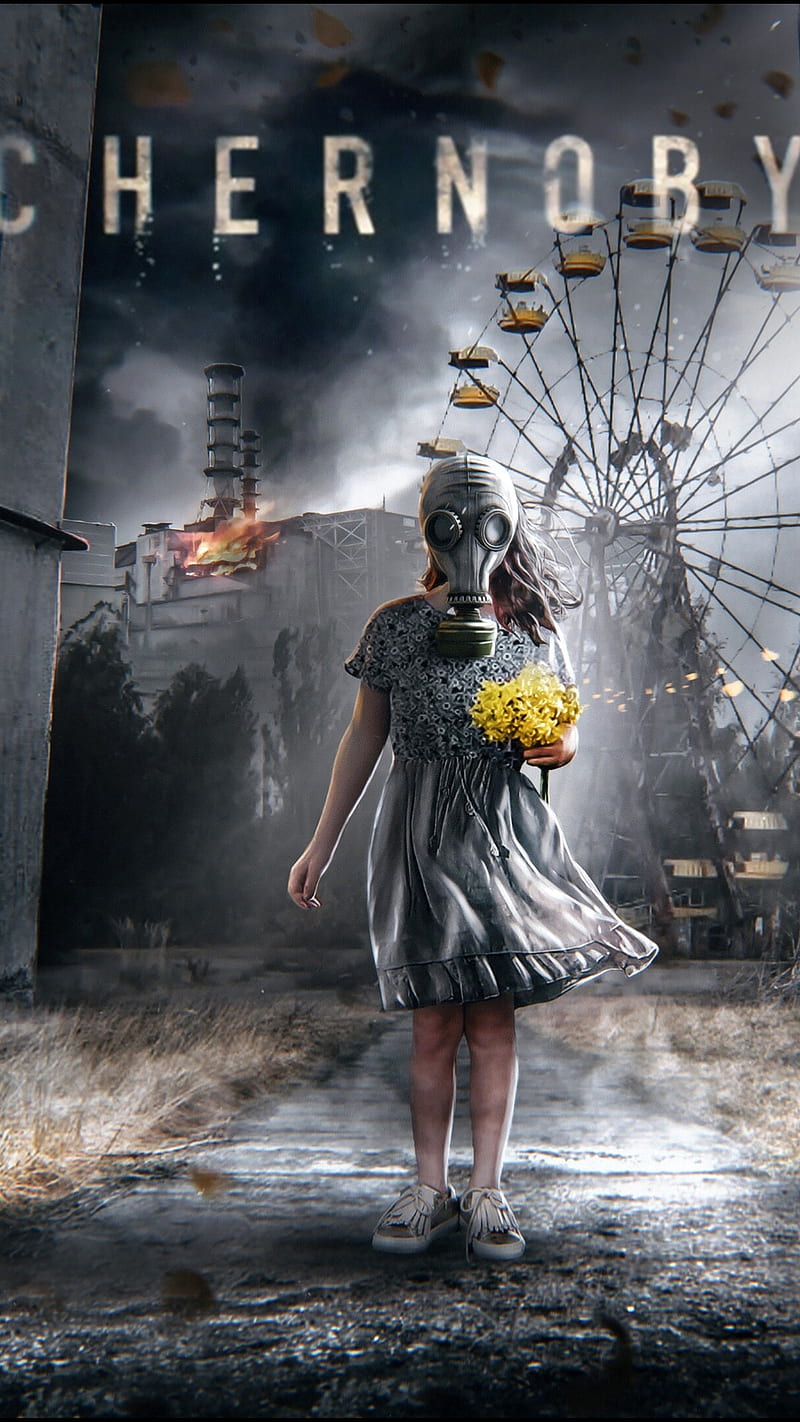 Chernobyl, atom, flowers, gas mask, girl, nuclear, yellow flowers, HD phone wallpaper