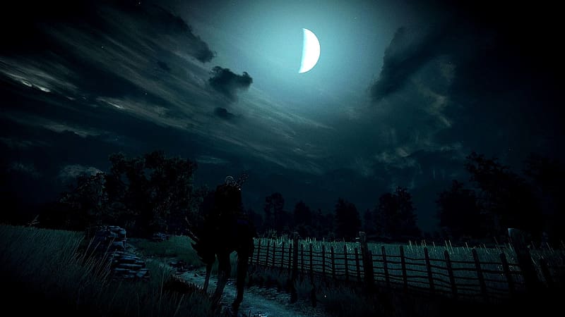 ronin by moonlight, moon, horse, dark, samurai, HD wallpaper