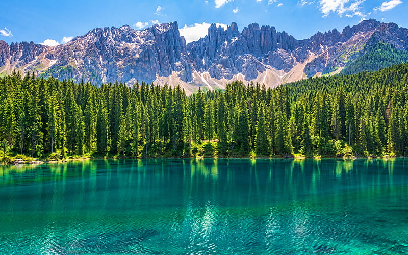 Karersee Lake summer, mountains, beautiful nature, Dolomites, Italy, italian nature, Europe, HD wallpaper