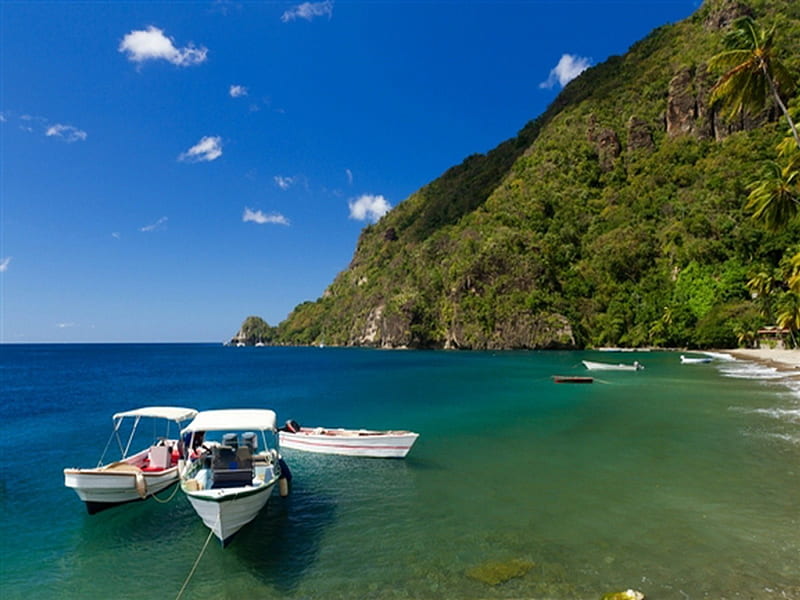 St. Lucia Island, beach, boats, hill, sea, HD wallpaper