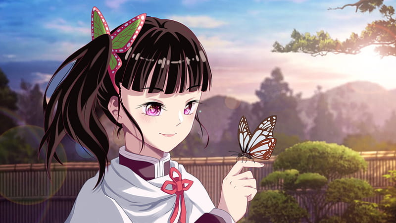Demon Slayer Kanao Tsuyuri Enjoying A Butterfly Standing On Finger With  Background Of Blue Sky Mountain Clouds And Sunbeam Anime, HD wallpaper |  Peakpx