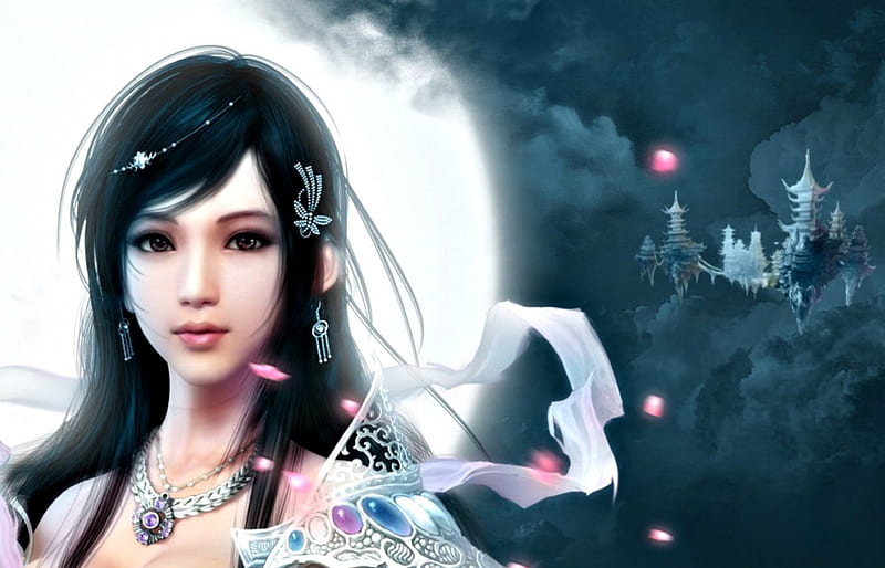 Fantasy girl, game, jade dynasty, fantasy, moon, girl, asian, petals ...