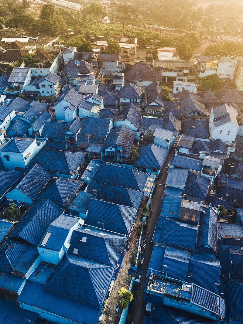 aerial graphy of blue-roofed houses during daytime, HD phone wallpaper