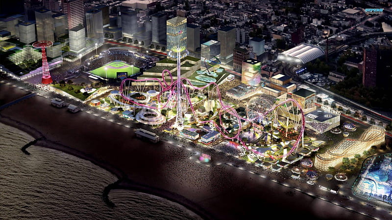 futuristic depiction of coney island brooklyn, beach, amusement park, city, future, abstract, HD wallpaper