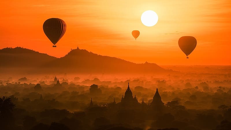 Sunset, Temple, Myanmar, Vehicles, Hot Air Balloon, HD wallpaper