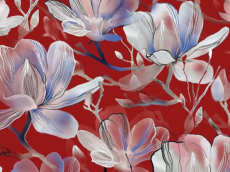 Texture, red, magnolia, flower, paper, spring, white, watercolor, pattern, HD wallpaper