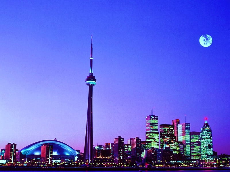 Toronto Canada, toronto, moon, skyline, city capitol, lights, night, skyscrapers, canada, HD wallpaper