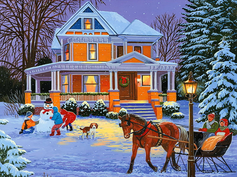 Winter memories, pretty, house, cottage, lantern, children, dusk, bonito, painting, village, kids, frost, playing, art, christmas, fun, joy, horse, snowman, winter, memories, snow, HD wallpaper