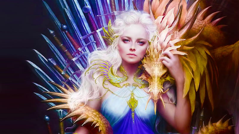 Daenerys Targaryen, pretty, art, bonito, woman, dragon, sweet, fantasy, nice, girl, digital, princess, blue, HD wallpaper