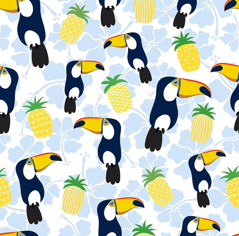 Pattern, fruit, toucan, pasari, pinapple, black, bird, exotic, summer, yellow, texture, vara, HD wallpaper