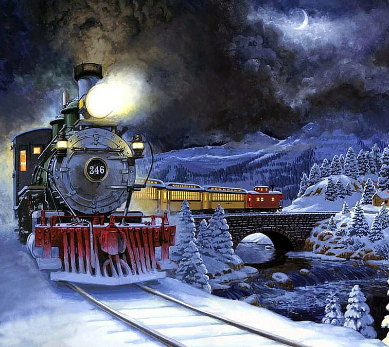 Train in Wonderland, nature, winter, HD wallpaper