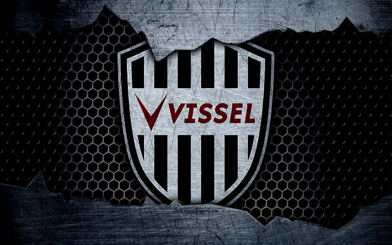 Vissel Kobe logo, art, J-League, soccer, football club, FC Kobe, metal texture, HD wallpaper