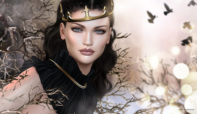 Beauty, luminos, black, winter, fantasy, gold, girl, bird, magissadenver, rendering, crown, HD wallpaper