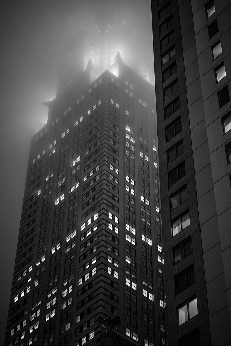 buildings, lights, windows, fog, night, black and white, HD phone wallpaper