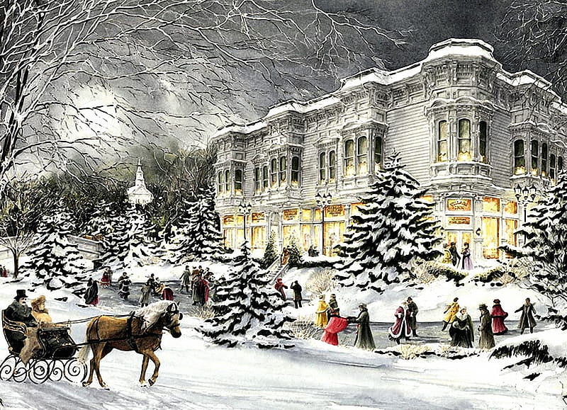 Victorian Winter Garden, skating, people, sleigh, house, painting, ice, horse, HD wallpaper