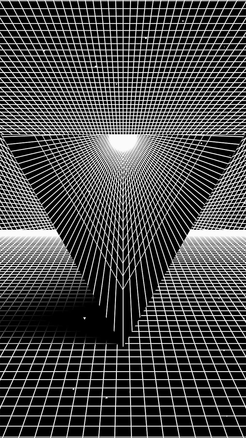 Black-white triangle, Fantastic, Sci-fi, figure, futuristic, geometric, grid, horizont, rays, HD phone wallpaper
