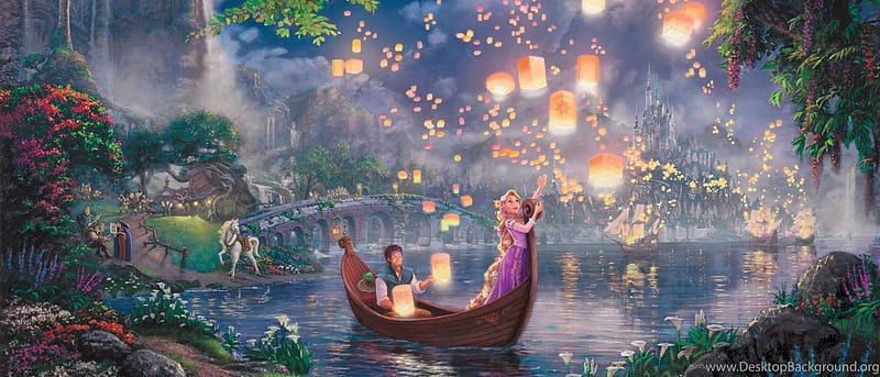 Tangled, boat, fantasy, movie, couple, lantern, disney, water, HD wallpaper