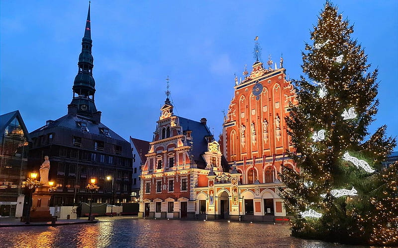 Christmas in Riga, Christmas, Latvia, tree, Riga, church, HD wallpaper