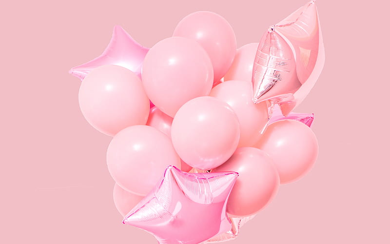 pink balloons, bunch of balloons, pink background, background with pink balloons, HD wallpaper