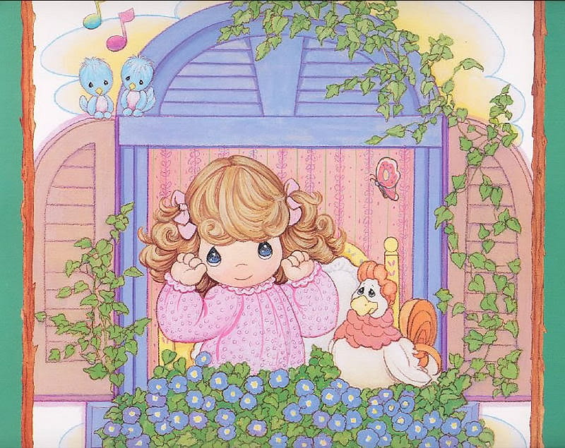 4 precious moments, cute, precious moments, window, children, flower, sweet, HD wallpaper