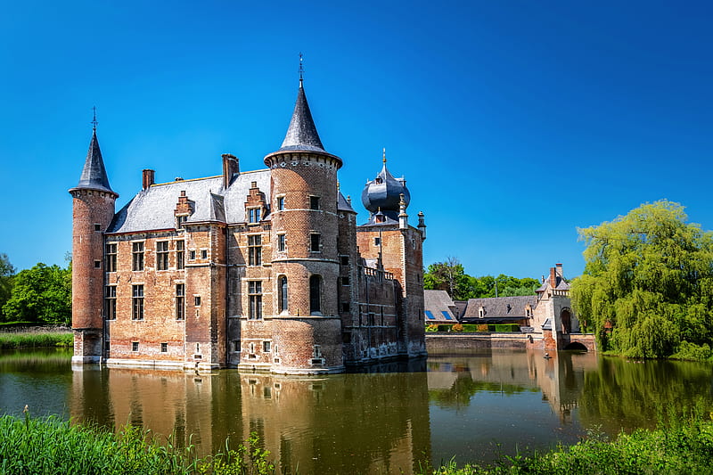 Aartselaar Castle, Belgium, reflection, castle, moat, belgium, HD wallpaper