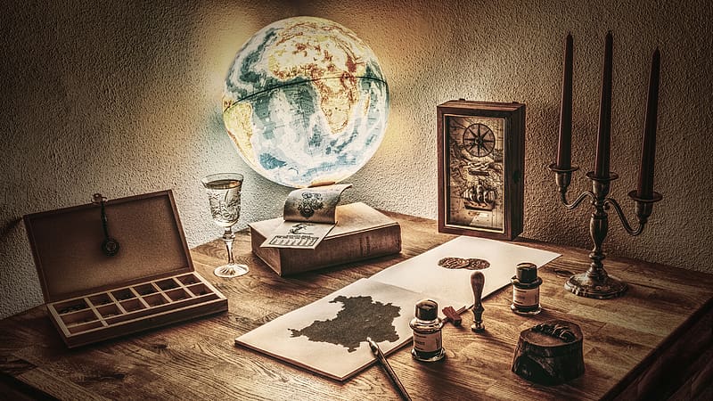 Still Life, Vintage, Candle, Compass, , Globe, HD wallpaper