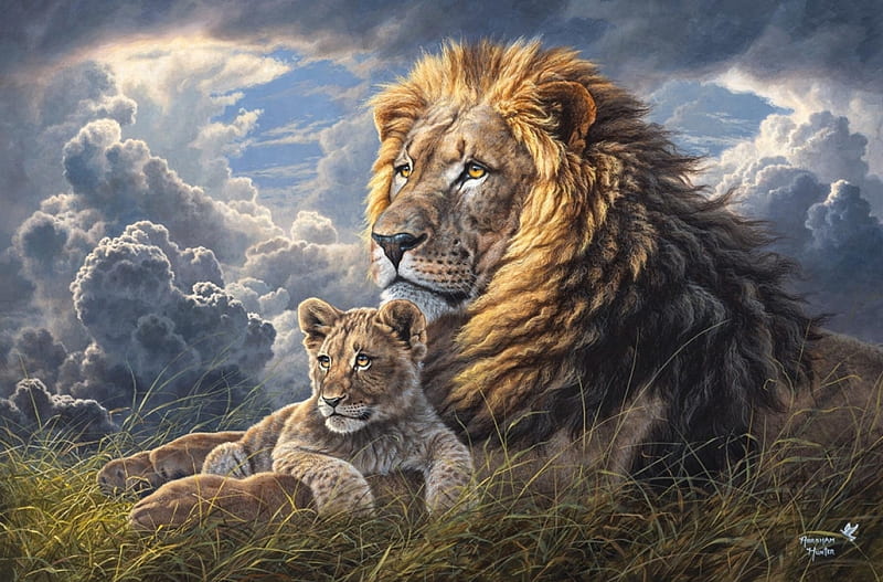 Like Father and Son, painting, cub, clouds, sky, artwork, lion, HD wallpaper