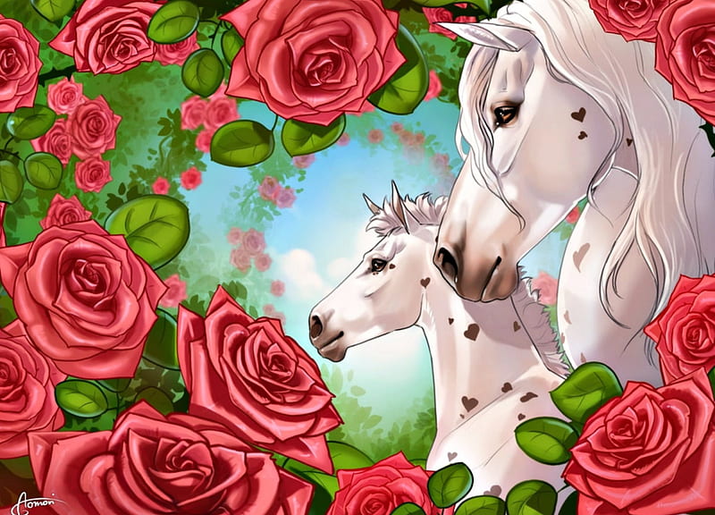 Queen of Hearts, red, art, rose, valentine, horse, fantasy, green, aomori, flower, white, couple, blue, HD wallpaper