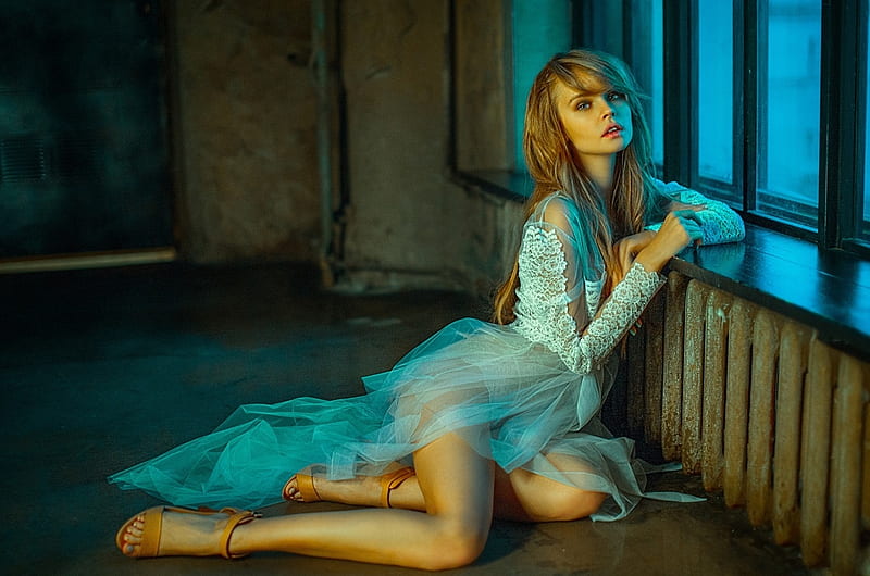 Anastasia Shcheglova, honey blonde, posing on floor, whie lace body suit, tan heels, leaning by window, sheer skirt, HD wallpaper