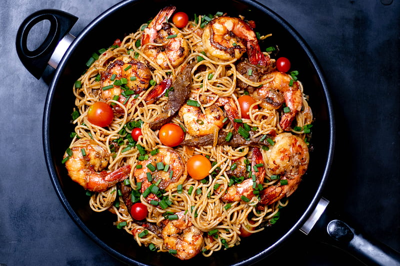 cooked noodles with shrimps, HD wallpaper