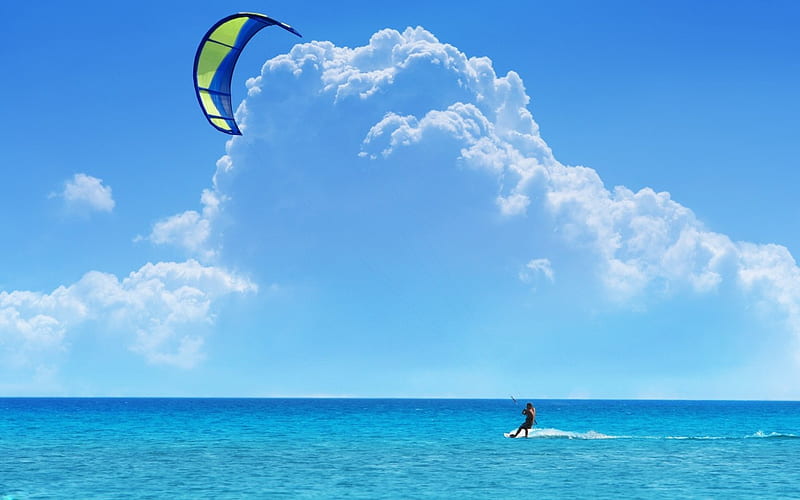 Kite Surfing, board, kite, wind, ocean, surf, sea, blue, HD wallpaper