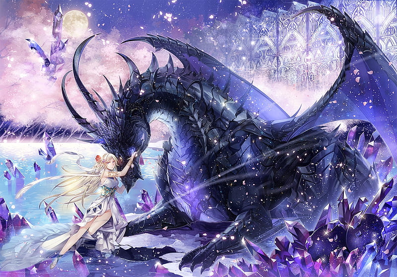 anime, blue, fantasy, girl, manga, rinmmo, dragon HD Wallpaper