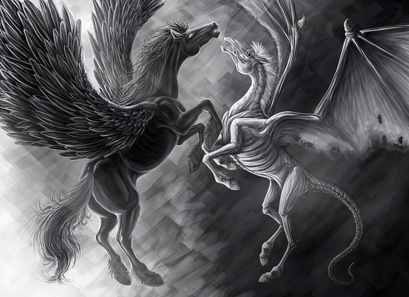 good vs evil, eachother, wings, horses, against, HD wallpaper