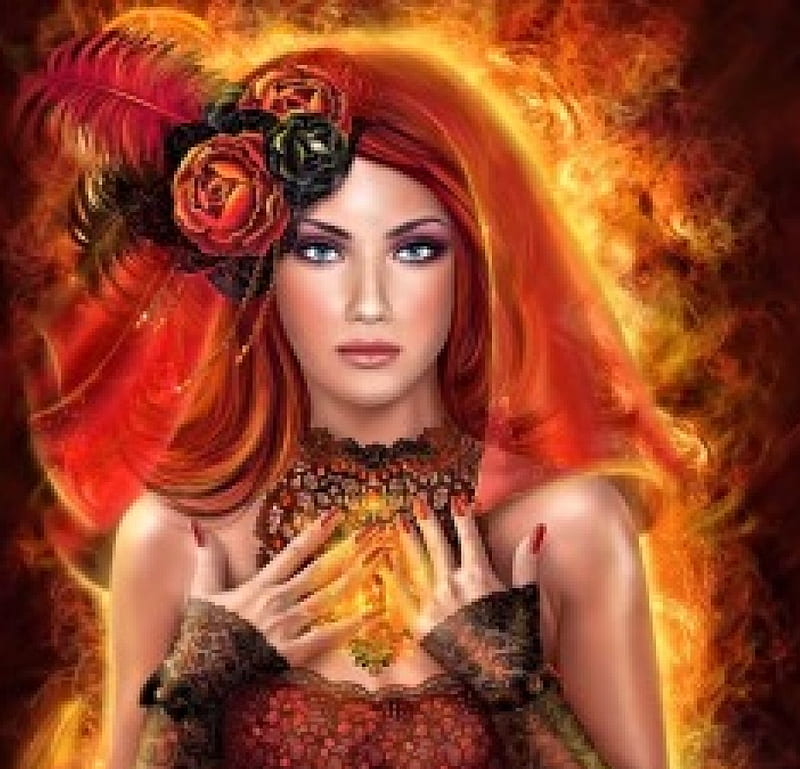 Fire Lady, Lady, Flowers, Fantasy, Fire, HD wallpaper
