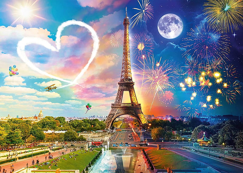Paris - day and night, eiffel tower, art, sun, moon, colors, digital, sky,  HD wallpaper | Peakpx
