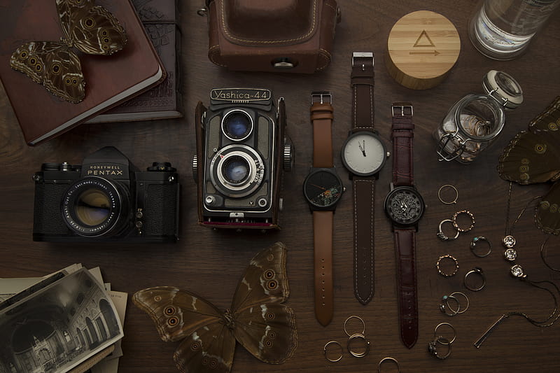 watches and vintage camera, HD wallpaper