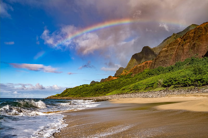 beach, coast, rainbow, waves, slope, HD wallpaper