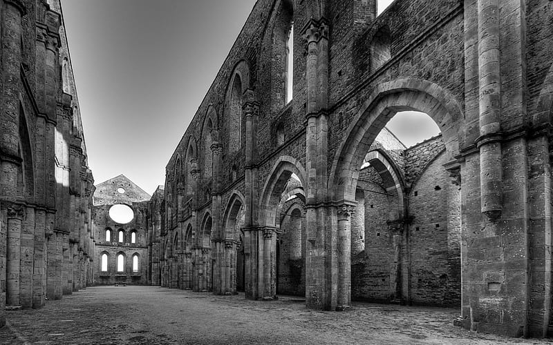 ruins of abbey of san galgano italy in greyscale, ruins, greyscale, arches, abbey, HD wallpaper