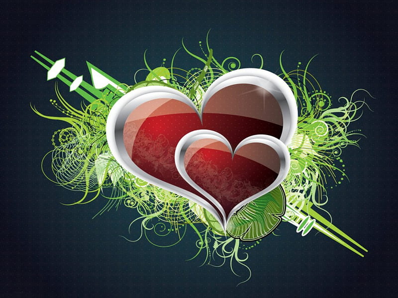 In Love, red, double hearts, art, green bed, silver frame, corazones, black background, filigree, lines, vector, HD wallpaper