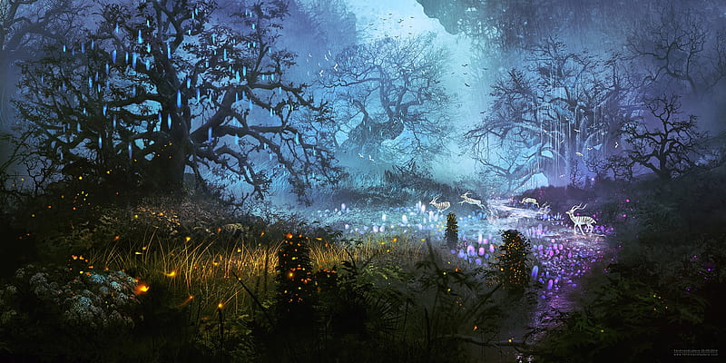 Enchanted forest, spirit, ferdinand ladera, fantasy, luminos, pink, blue, deer, night, HD wallpaper