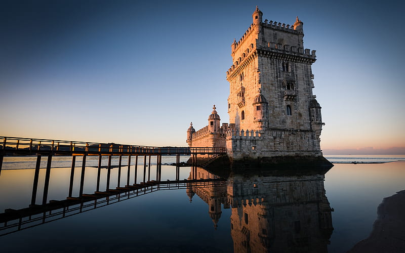 Belem Tower Tower of St Vincent, sunset, sea, Lisbon, Portugal, HD wallpaper