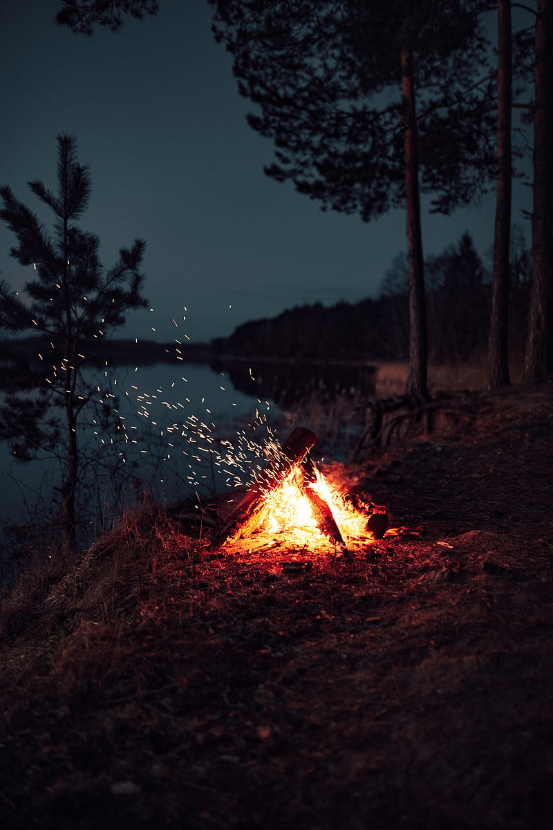 bonfire, sparks, night, camping, HD phone wallpaper