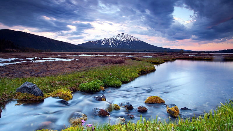 beautiful landscape, mountain, stones, wetlands, river, clouds, HD wallpaper